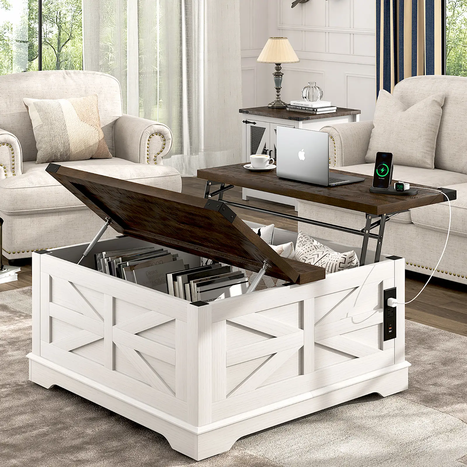 36" Farmhouse Movable Lift Top Coffee Table with Storage and Power Outlets, Square Wood Living Room Tables with Wheels&Large Hidden Space, Lift Wooden Barn Door Center Table, Brown/White/black