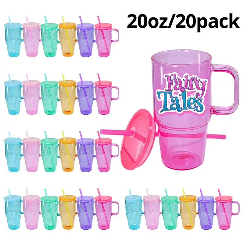 Crafix 20-Pack 20oz Colorful Sublimation Glass Tumblers with Handle, Lids, Straws for Heat Press, Oven DIY Printing – Portable Kitchenware Drinkware