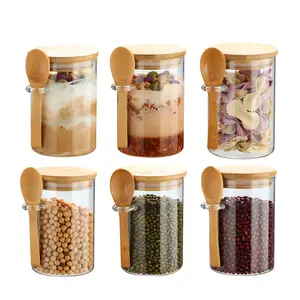 6 Pack Glass Jars with Bamboo Lids and Spoons for Loose Leaf Tea Storage, 17 OZ Glass Overnight Oat Container with Lid and Scoop, Glass Canister Set as Tea Container for Loose Leaf Tea Holder