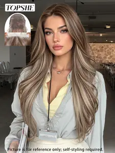 Topshe 13x6 Lace Front Wig, Glueless Frontal Wig, Ash Brown Highlighted Wigs Long Curly Brown Hair, Breathable Synthetic Fiber, Natural Daily Wear, Heat Resistant, Comfortable and Lightweight, Fluffy Wave Wig