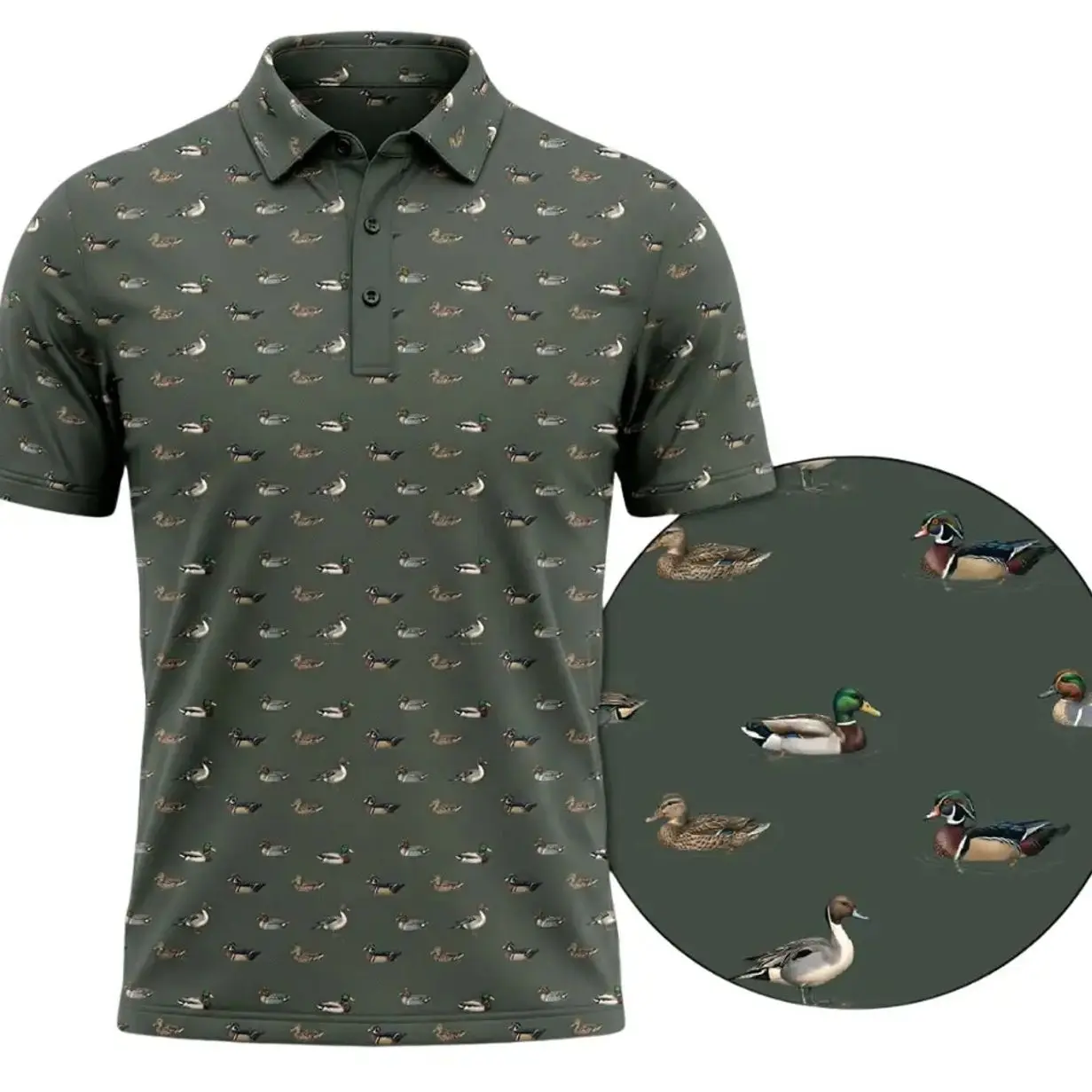Men's Duck Hunt All-Over Print Polo Shirt, Classic Shortsleeve Polyester Fabric, Breathable Casual Outdoor Golf Top, Menswear, Tops, Fitted, Digital Print, Moisture-Wick, Casual Wear