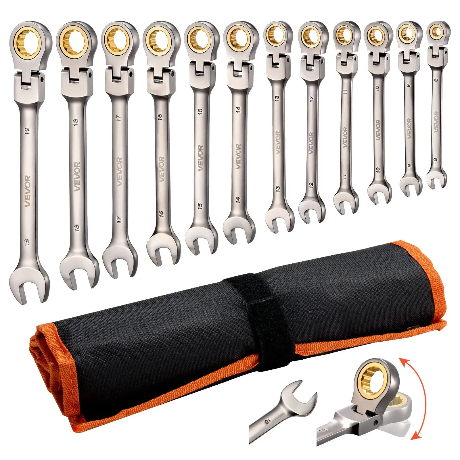 【Summerfinds】VEVOR Flex-Head Ratcheting Wrench Set, SAE and Metric,, Cr-V Steel Ratchet Flexible Combination Wrench Set with Roll Up Pouch, for General Household and Automotive Repairs, Silver