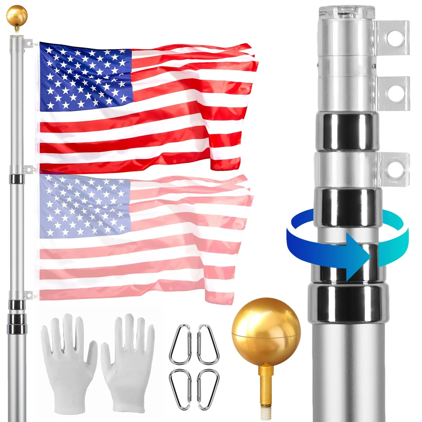 20-Foot Telescoping Flag Pole Kit With Heavy-Duty Aluminum Alloy, In-Ground Flag Poles For Outdoor Use, Three Display Modes, Includes 3x5 American Flag, Silver Finish, Professional Accessories