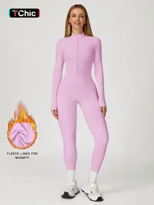 Women's Solid Zip-up Skiing Jumpsuit, Sporty Long Sleeve Onesie for Skiing Cycling, Fall & Winter Ladies Sportswear, Stretchable Activewear, Sporty Comfy Jumpsuit