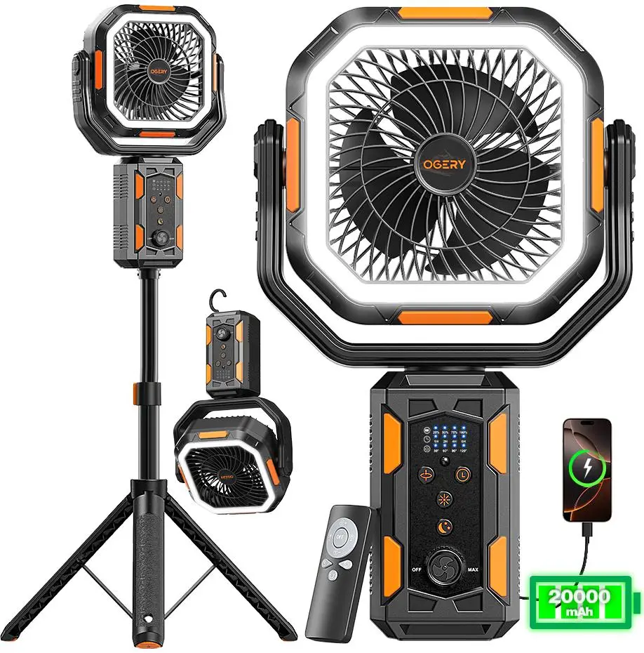 OGERY Camping Fan with Detachable Tripod, 20000mAh Rechargeable Fan with LED Lights & 270° Pivot,4 in 1 Cordless Camping Fan, Remote Control Shaking H