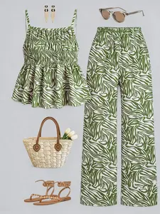 Casual Basic Vacation Strapless Set, Top and Printed Wide Leg Pants, 2 Piece Set for Daily Wear, Womenswear, Spring Summer Women's Clothing
