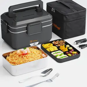 Electric Lunch Box for Adults, 80-100W Heated Lunch Box Portable Food Warmer Lunch Box for Work/Men/Car/Truck with 1.8L 304 Stainless Steel Container Fork & Spoon, 110V/12V/24V