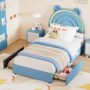 Kids Twin Size Blue LED Rainbow Princess Bed Frame with 2 Storage Drawers Velvet Upholstered Platform Bed with Button-Tufted Headboard Solid Wood Slats Support No Box Spring Needed Noise-Free Easy Assembly