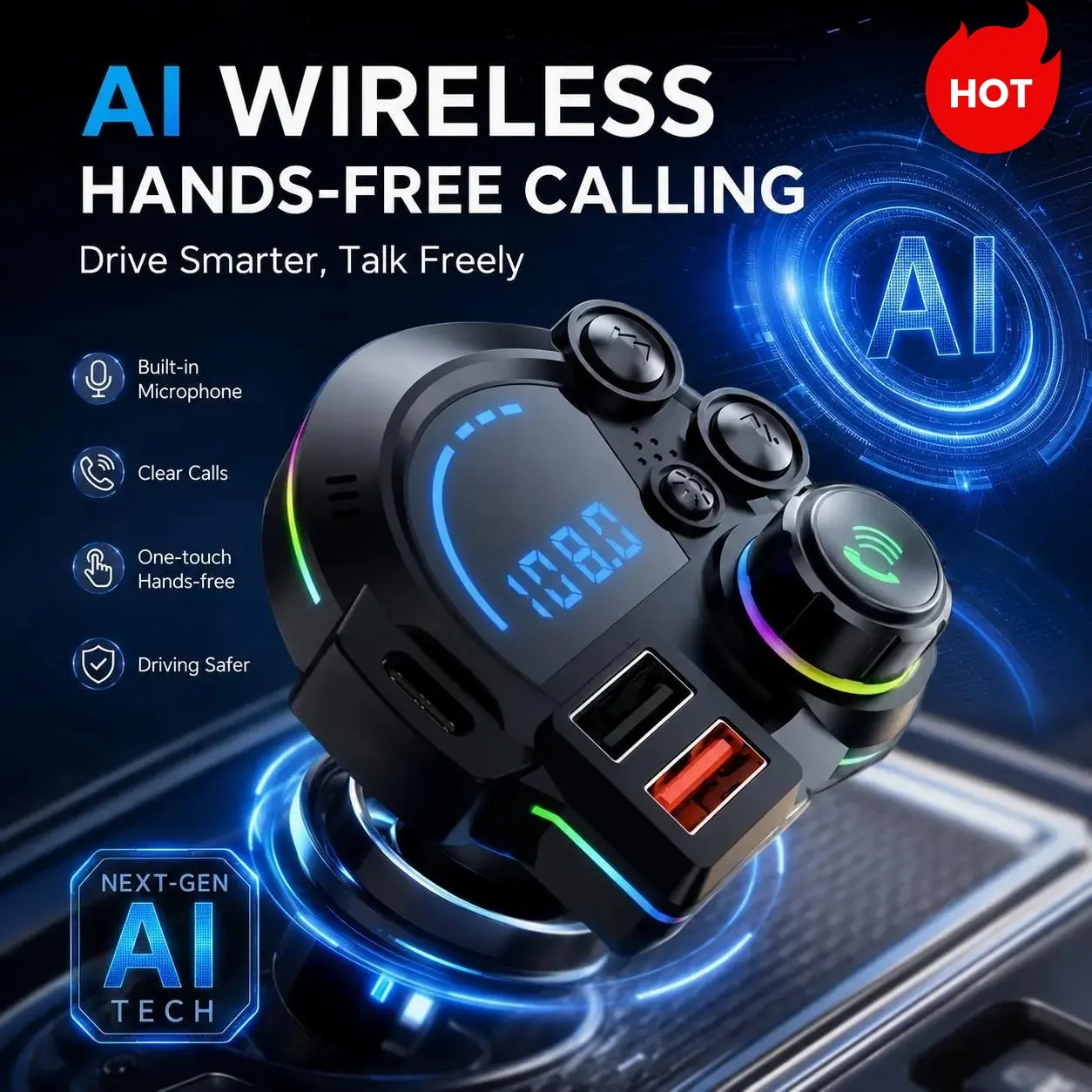 PD 20W USB-C Fast Car Charger with Bluetooth 5.3 FM Transmitter, Wireless MP3 Player, Dual USB Charging Ports, Hands-Free Calls, HiFi Stereo Sound, RGB LED Radio Adapter