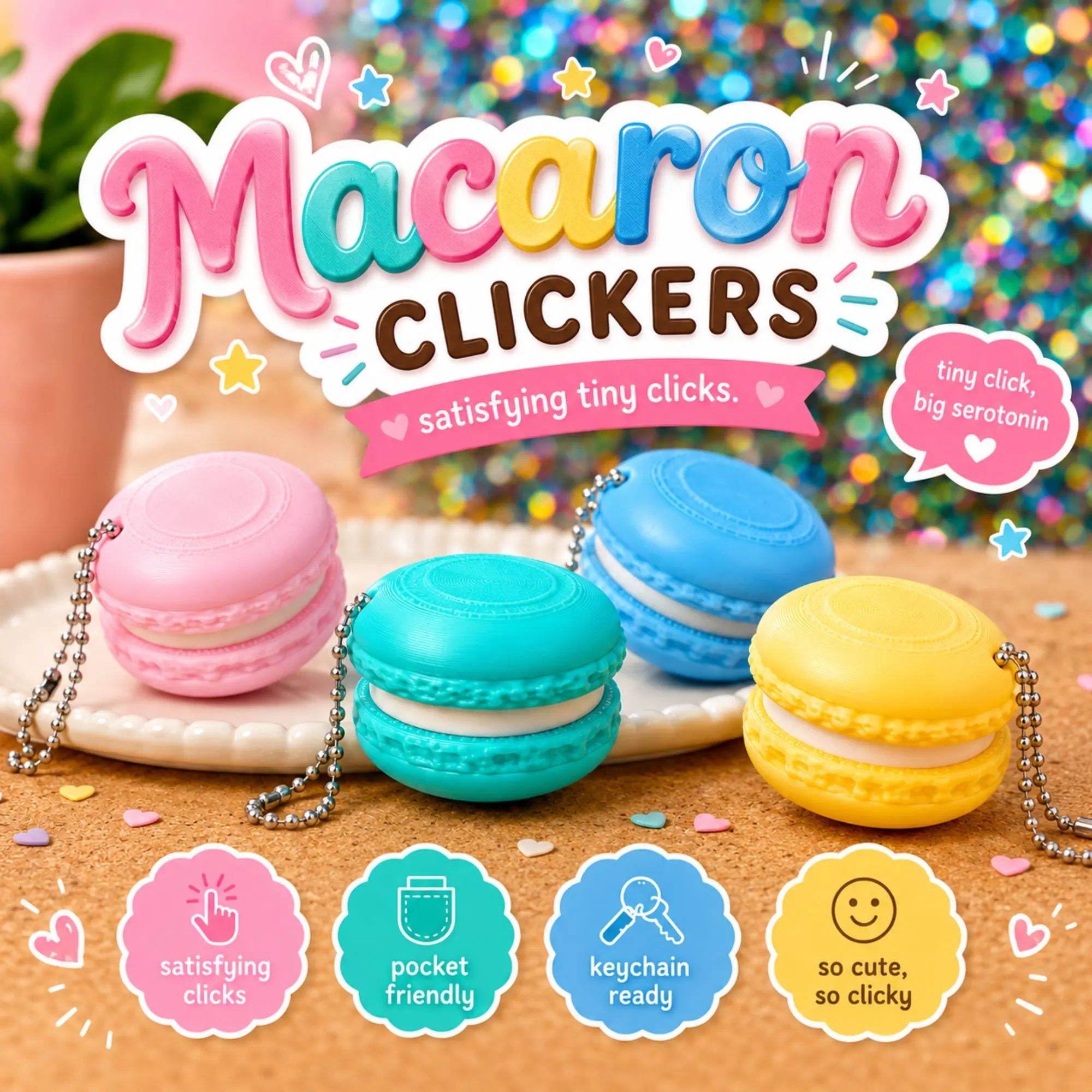 Macaron Fidget Clicker | 3D Printed with Keychain