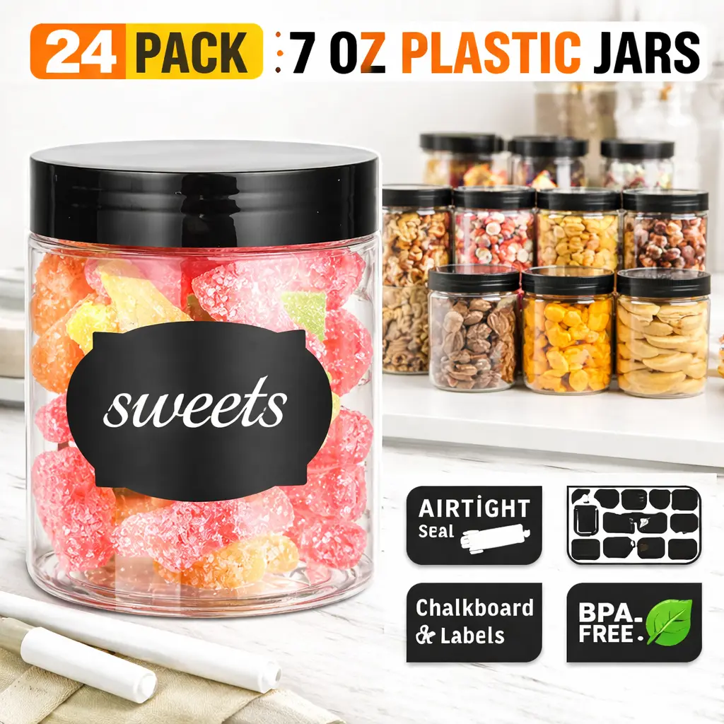 24pcs Transparent 7 oz BPA-Free Clear Plastic Jars with Lids - Kitchen Preserving Canister Containers for Slime, Lotion, Gift Packaging