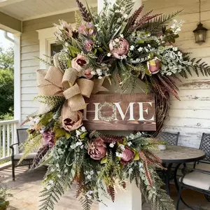 Neutral Color Farmhouse Style Wreath with Peony Flowers, Home Signboard, Hemp Cloth Bow, All-Season Decor for Porch, Living Room, Entryway