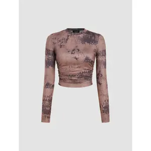 Cider [4 colors, size 2-26] Round Neck Tie Dye Ruched Long Sleeve Crop Top