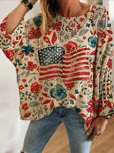 Women's Independence Day Blue Floral Flag Print Crew Neck Long Sleeve Knit Top, Casual Elegant Vacation Style Sweater Knitwear, Comfortable Breathable Women's Shirt