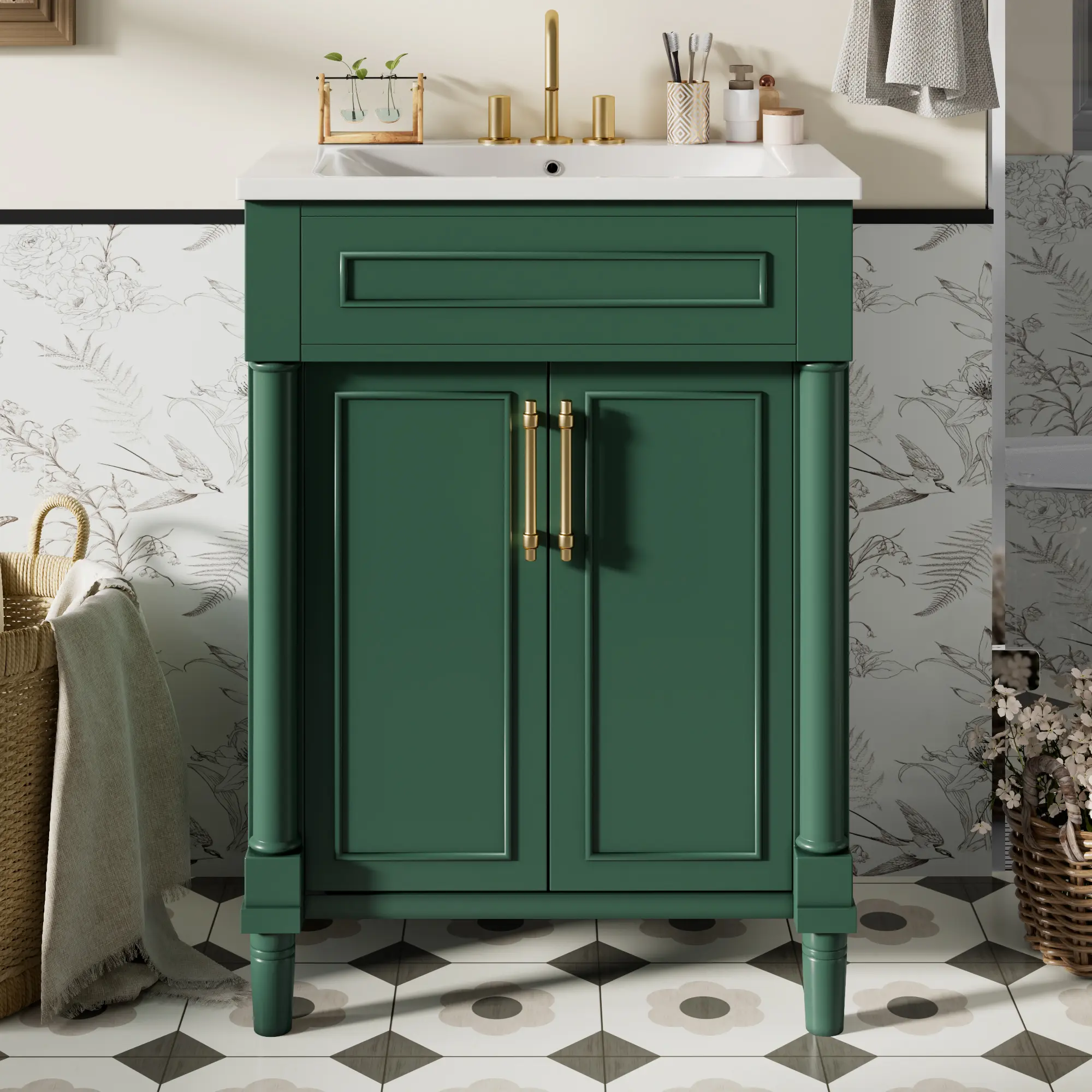 24 Inch Bathroom Vanity with Integrated Ceramic Sink, Single Sink Floor Cabinet with 2 Doors, Modern Freestanding Storage Cupboard for Small and Medium Restroom, Bathroom Furniture for Vanity Area, Storage, Remodel, White Finish
