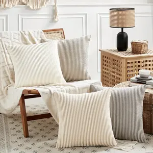 Set of 4 Neutral Decorative Throw Pillow Covers 18x18 Inch for Couch Bed Sofa Bedroom, Farmhouse Boho Home Decor, Soft Striped Corduroy Cute Cushion Case 45x45 cm