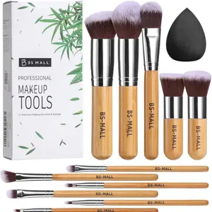 Makeup Brush Set 11Pcs Bamboo Synthetic Kabuki Brush Set Foundation Powder Blending Concealer Eye shadows Blush Cosmetics Brushes with Organizer Bag & Makeup Sponge