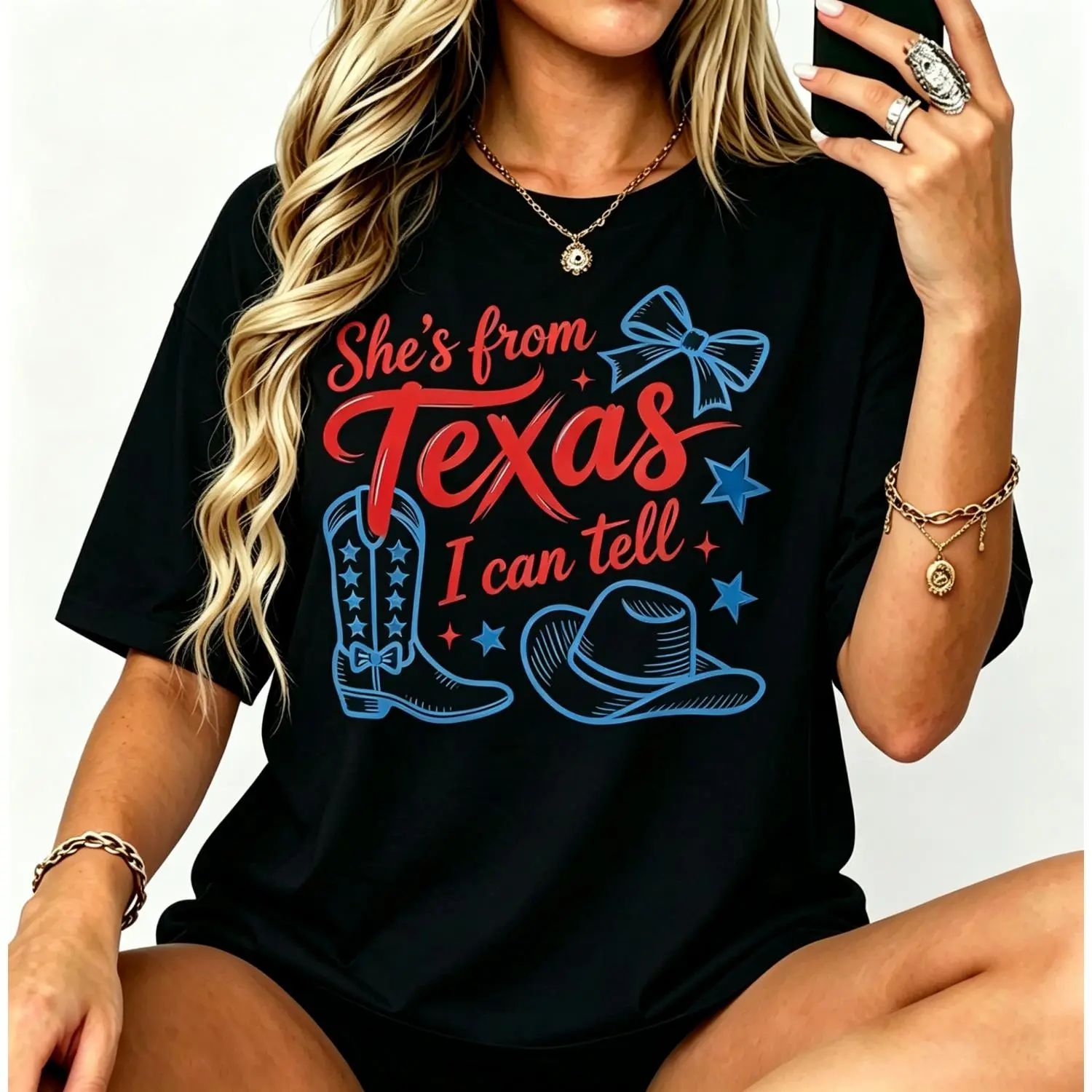 Women's Cotton Crew Neck Short-Sleeve Loose-Fitting Tee - 'She's from Texas' Graphic, Southern Cowgirl Chic, Breathable, Texas Pride, Cowboy Theme, Outdoor Ready, Machine Washable, All Seasons Top