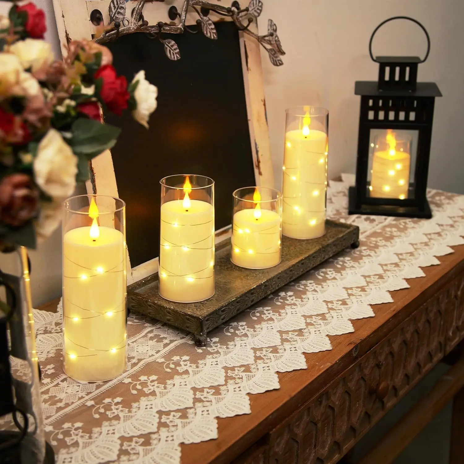 Flameless Candles with Embedded Star String Fairy Lights, Battery Operated Candles, LED Candle, Fake Candles with Remote Control and Timer, Ivory, Set of 5(H4 5" 6" 8" 8") Nightlight For Bedroom Lighting Modes Adjustable candle warmer candle warmer lamp,h