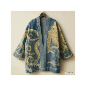ZenChicB Oriental Art Chinese Style Ukiyo-e Cotton Kimono Cardigan Jacket Cloak with Octopus Print for Women