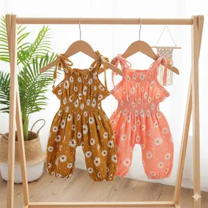 Baby Girls Smocked Daisy Floral Rompers - Tie-Shoulder Jumpsuits, Baby Girls Clothing for Spring & Summer Infant Outfits