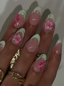 24pcs Fuchsia Floral Press-On Nails – Oval French Style Nail Set