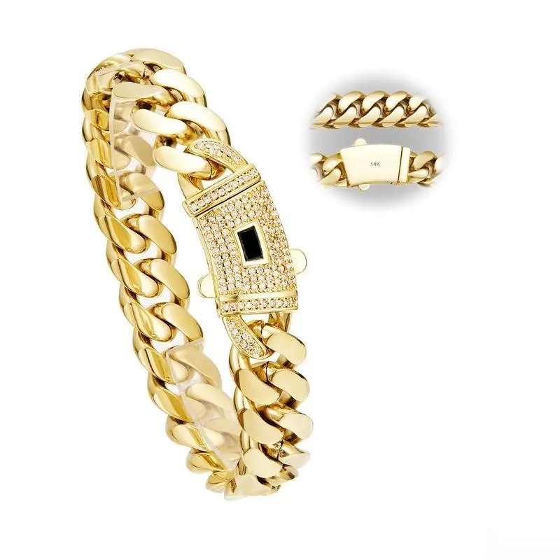 14 Karat Gold Plated Miami Cuban Link Chain Bracelet - High Quality Cuban Bracelets for Women, 7.5/8.5in Hypoallergenic Sweat-Resistant Hip-Hop Jewelry for Streetwear, Inspirational Gift for Son, High Quality Bracelet