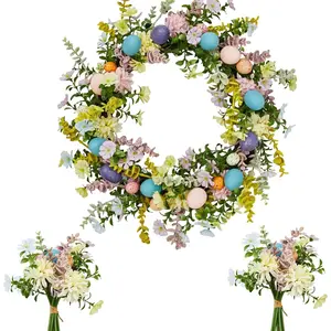 Easter Wreath, Artificial Multicolor Eggs and Spring Flowers Decor, Fake Flower Door Wreath with Real Rattan Base, Includes 2 Matching Bouquets, Front Door, Home, Decor