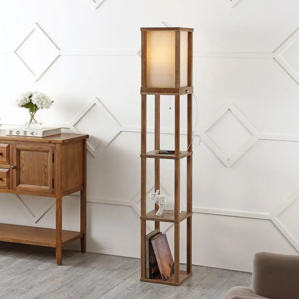 JONATHAN Y Rustic Bohemian Wooden LED 3-Shelf Floor Etagere Lamp with Pull-Chain, Ambient Decoration Lamp, Dimmable LED Bulbs, Fabric Accents, USB Port, CRI 80 Color Accuracy for Living Room, Bedroom