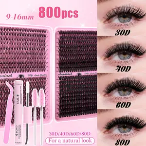 800PCS 30D40D60D80D DIY Lash Clusters 9-16MM Mix Length Single Box/Gift Set Optional |Soft Lightweight Natural Voluminous Long Lasting Reusable Beginner Friendly with Glue Tweezer Brush All Day Comfort natural look