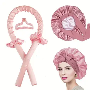 Double Layer Bonnet With Heatless Hair Curler Set, Overnight Curl Kit To Sleep In, Satin Lined Hair Bonnet And Heatless Curls Headband For Women Natural Curly