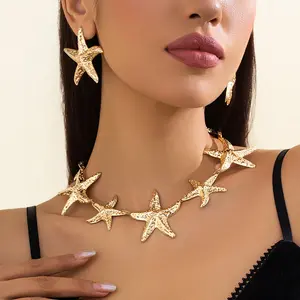 CRUSH CR Gold/Sliver Starfish Choker Necklace Earrings Set for Women Unique Exaggerated Thick Jewelry Design for Summer Beach Parties Surfing Music Festivals
