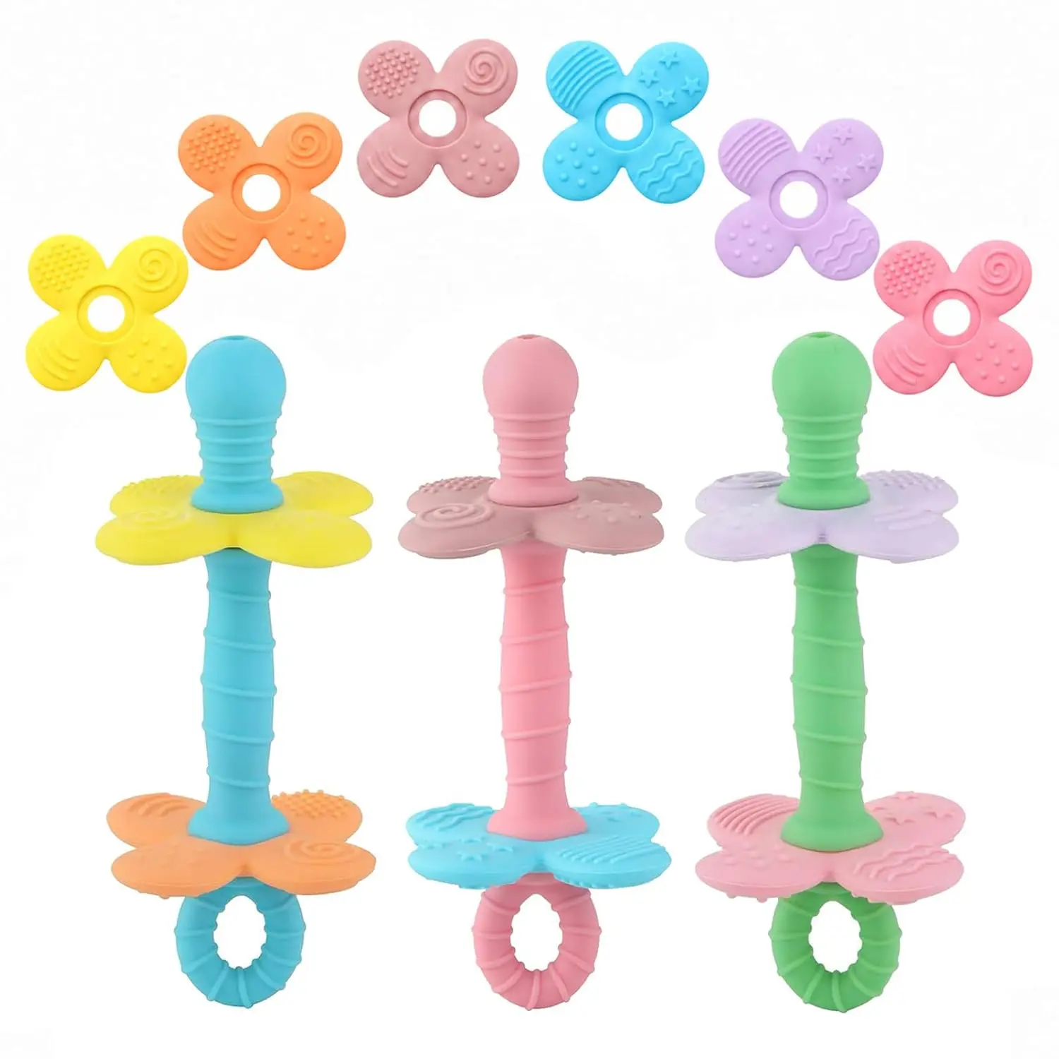 3 Pack Silicone Flower Baby Teether, Nipple-Shaped Gum Massager with Anti-Choke Guard, Easy-Grip Textured Teething Tube
