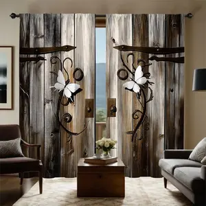 Vintage Wood Grain Iron Butterfly Door Panel Curtains, Long Vertical Fabric Privacy Blinds, Retro Farmhouse Style for Living Room & Dining Room