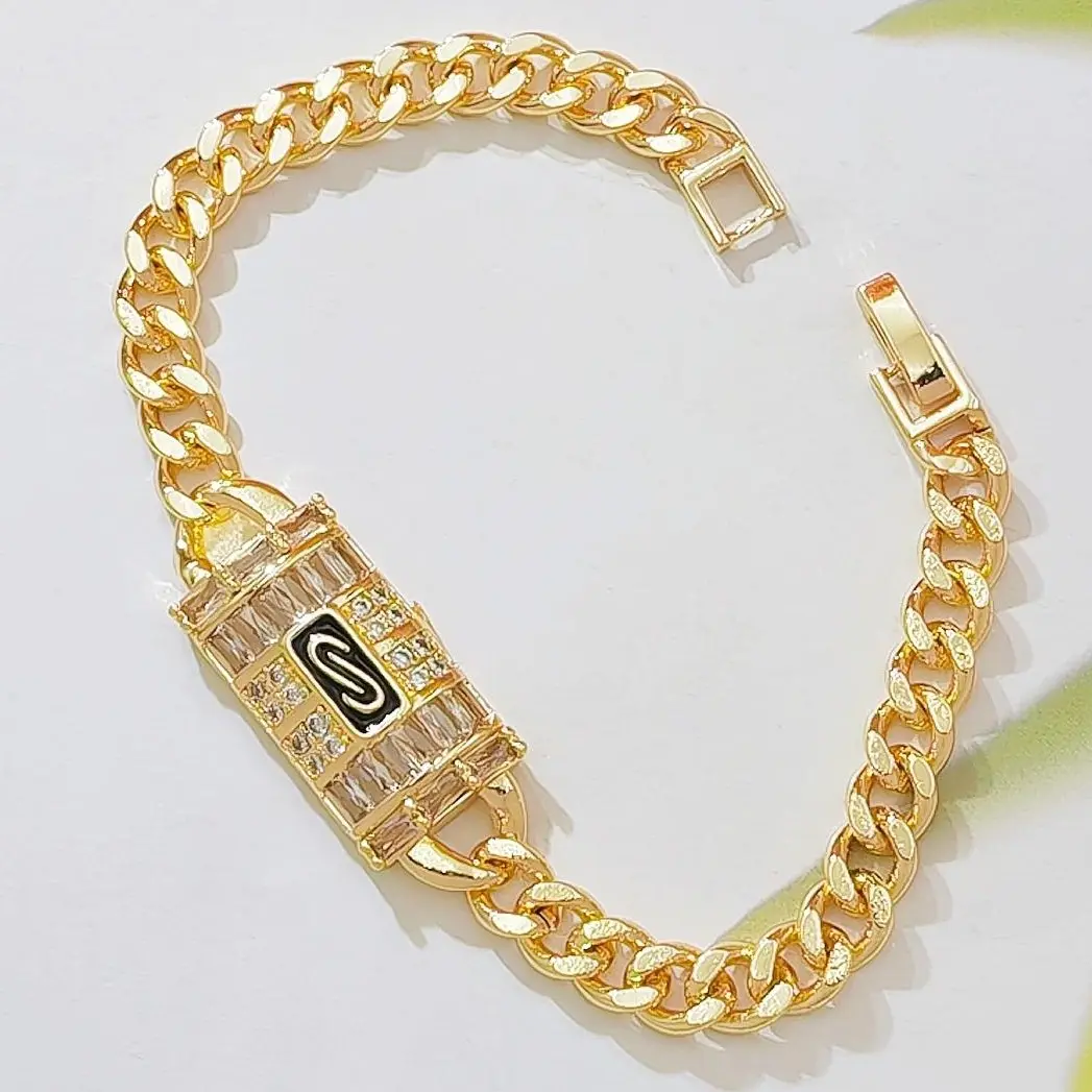 14K Gold Plated Cuban Link Bracelet with Baguette CZ S-Logo Lock Charm, Chunky Hip Hop Statement Bracelet for Women, Luxury Enamel Inlay Jewelry