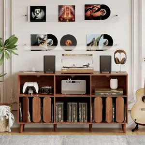 Garvee 55" Large Walnut Wood Record Player Stand with Charging Station Featuring 2 Outlets & USB Ports, Modern Wide Turntable Stand with Open Shelves for Vinyl Storage and Display