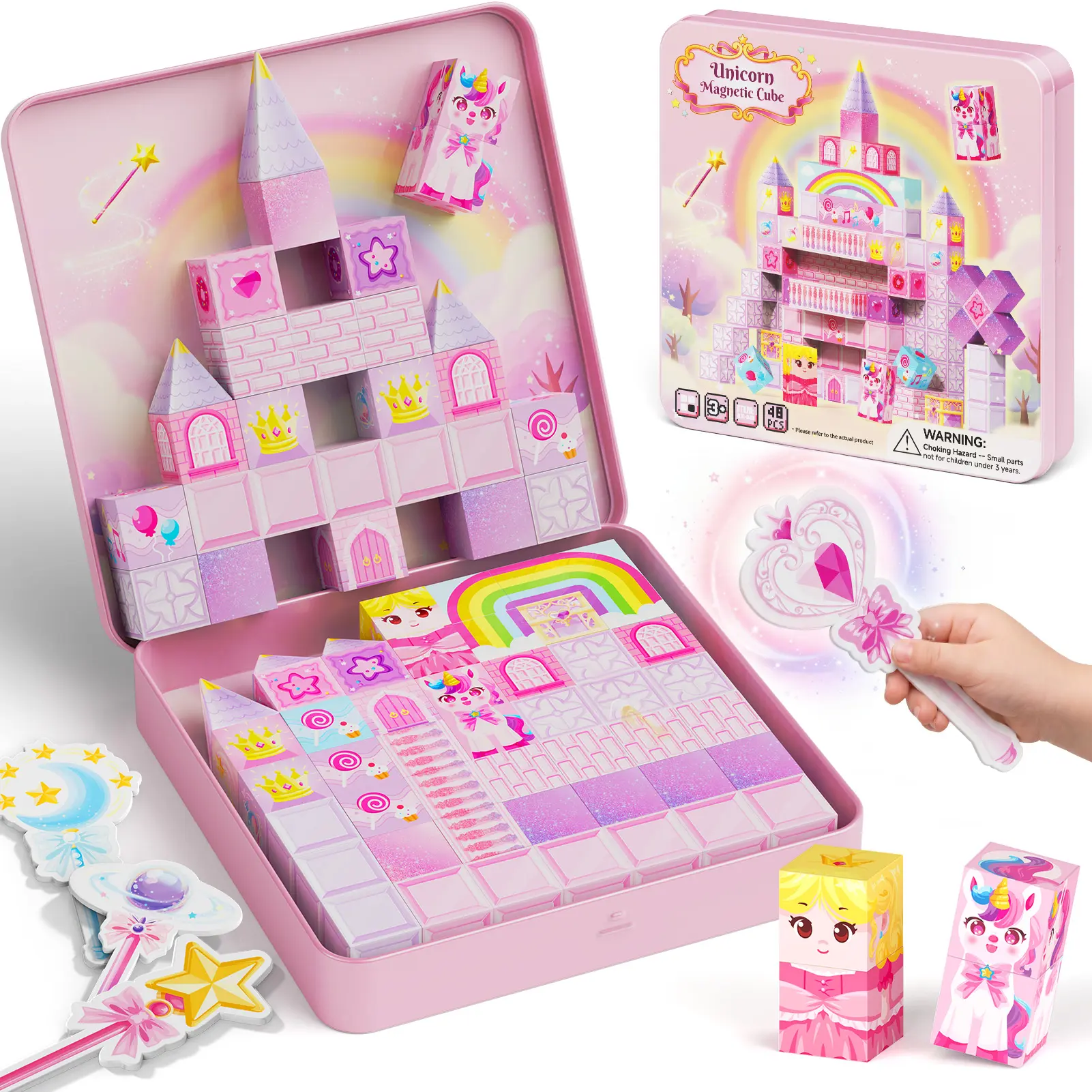 Unicorn Magnetic Cubes Blocks for Girls, 355g Tin with Castle Cones & 4 Magic Wands, Multiplayer, 45s Cleanup, Gift-Ready Cool Gifts for Kids, Travel Toys for Car, Ages 3-8