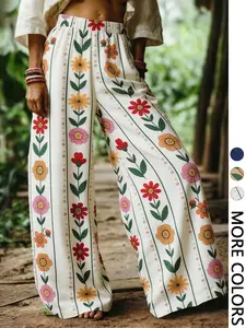 Women's Casual Floral Print Wide Leg Pants, Loose-Fitting Beach Vacation Essential, All-Season Trousers for Relaxing Days
