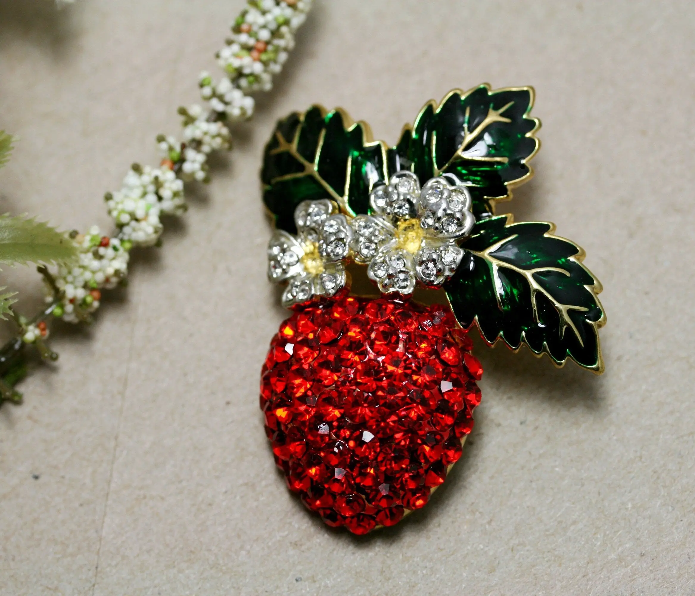 Vintage Red Rhinestone-Studded Enamel Strawberry Brooch Pin - Green Enamel Leaves, Highly Polished, Unisex, 2.25in x 1.75in, Collectors' Pick, Safety Clasp, Fashion Clothes Collar Accessory