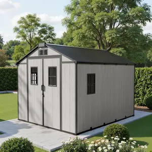 【Summer Vibes】Ovios Resin Outdoor Storage Shed With Floor (8 x 10 Ft), Patio Storage Cabinet with Skylights, Vents and 4 Windows Weather Resistant Gray Organization for Home/Backyard/Garden Tools/Lawn Mower/Bike Storage/Pool Supplies