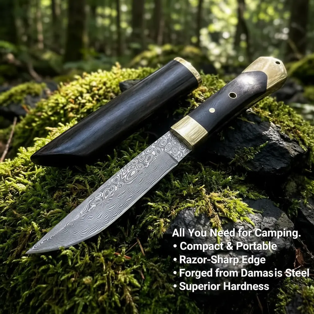 67-Layer Damascus VG-10 Steel Full Tang Kitchen Knife - Hand-Forged, Ergonomic Carbon Fiber & Sandalwood Handle, Half-Face Double Blade, Brass Seat Belt Cutter, Compact Cooking Utensil for Meat Boning, BBQ Prep, Camping