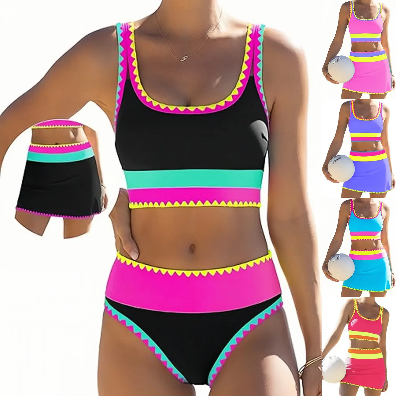 Women's 3-Piece Colorblock Bikinis Set, High-Waisted Swimsuit with Matching Beach Cover-Up Sarong for Summer Vacation, Pool Party