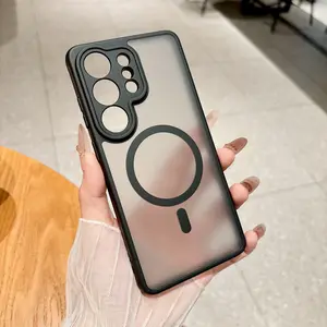 Luxury Magnetic Wireless Charging Protective Phone Case Compatible with Samsung Galaxy S26 S25 S24 S23 S22 Ultra Plus A16 A15 5g Matte Translucent Hard Acrylic Backboard Shockproof Armor Camera Lens Protection Cover Cellphone Protector Accessories Casing