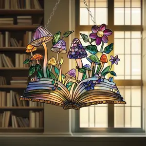 Fantasy book acrylic suncatcher with mushrooms, window decor for nature lovers.