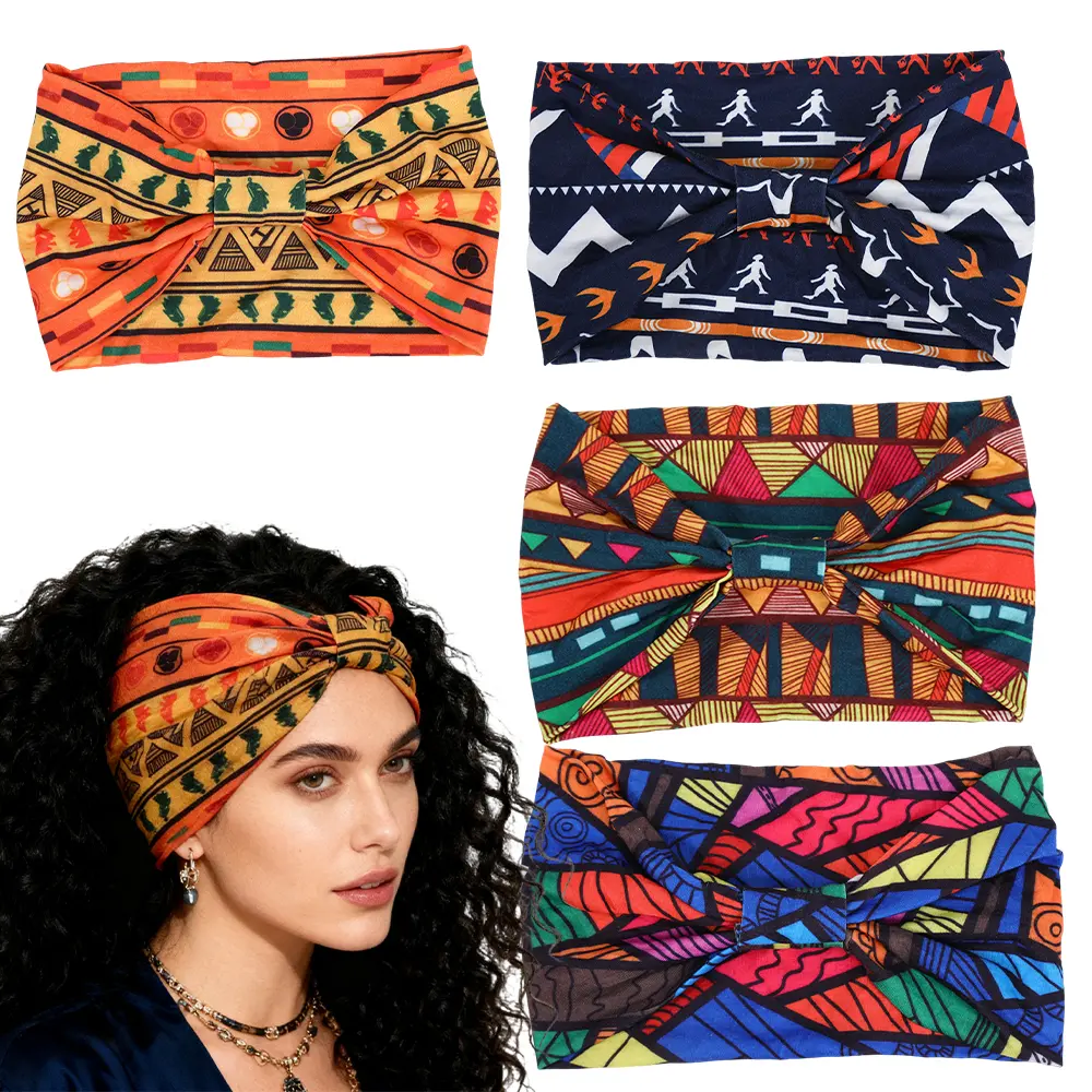 Female 4-Pcs Wide Headbands Set, Polyester African Knotted Non-Slip Turban Bandeau, Boho Sport Yoga Workout Hair Accessories, Christmas Gifts