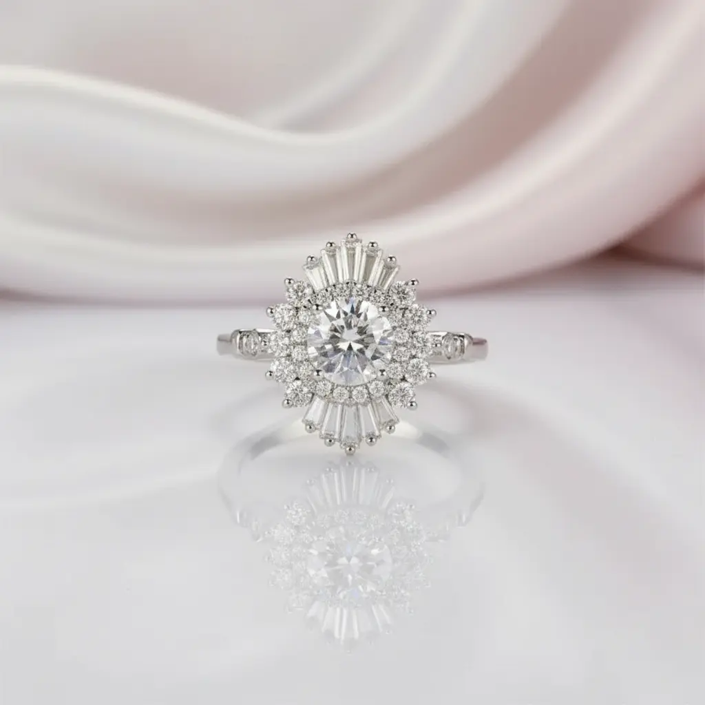14k White Gold 1.0 Ct Diamond Option Vintage Baguette Engagement Ring