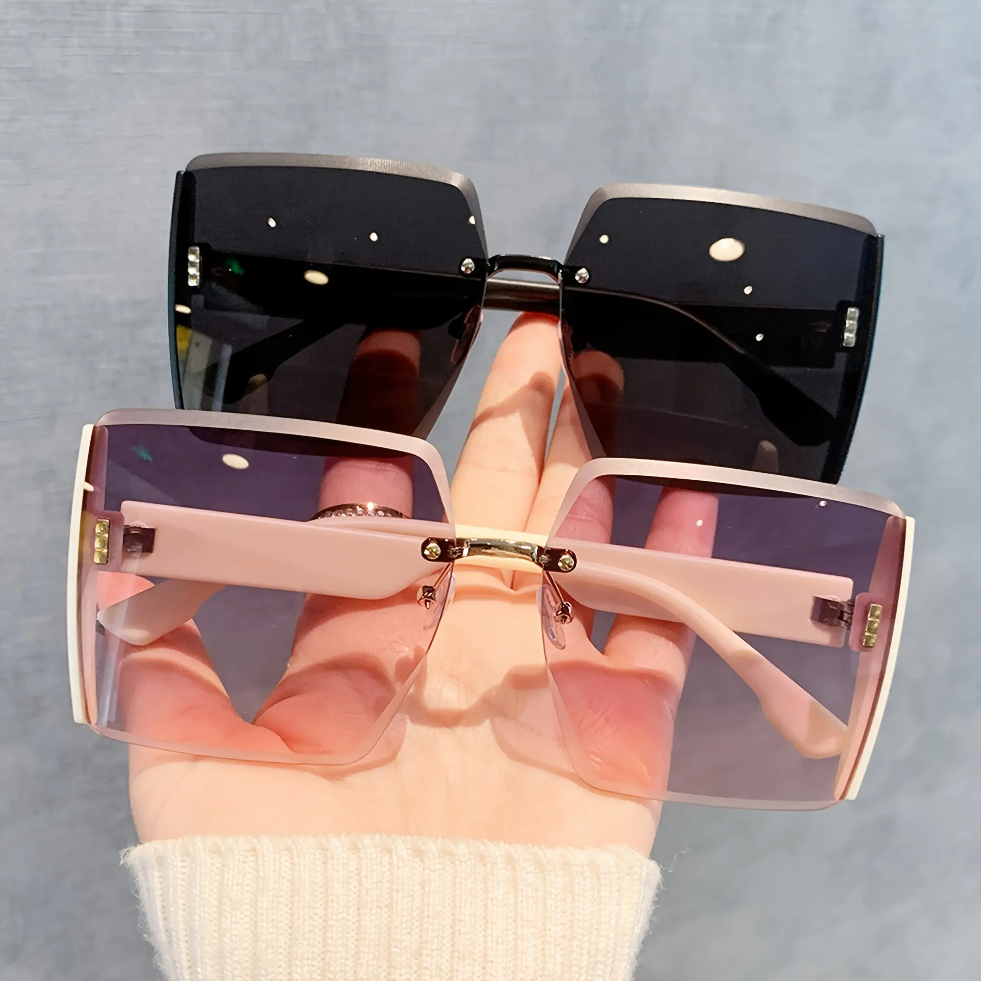 UV400 Women'S Glasses, Stylish Glasses, Square Style, Black/Pink/Green/Brown Lenses, Gradient Lenses, With Diamond Rim, Glasses Case Glasses 2-in-1