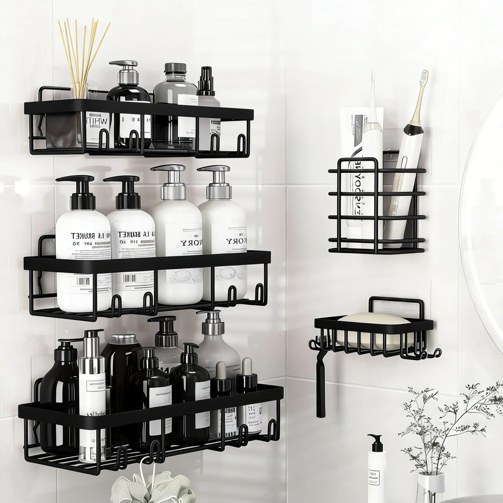 Black 5-Piece Stainless Steel Bathroom Shower Organizer Set - Bathroom Accessory, Corner Mount, No-Drilling, Rust-Resistant Hollow Design, Hooks, Soap & Toothbrush Holders, Waterproof Large Adhesive Shampoo Storage Shelf, Ideal Gift bathroom gadgets