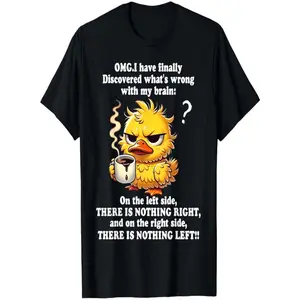 Discover What's Wrong With My Brain Funny Cartoon Duck T Shirt Plus Size Men's Humorous Black Tee Bold Text Grumpy Yellow Duck Holding Coffee Perfect Casual Wear and Laughs