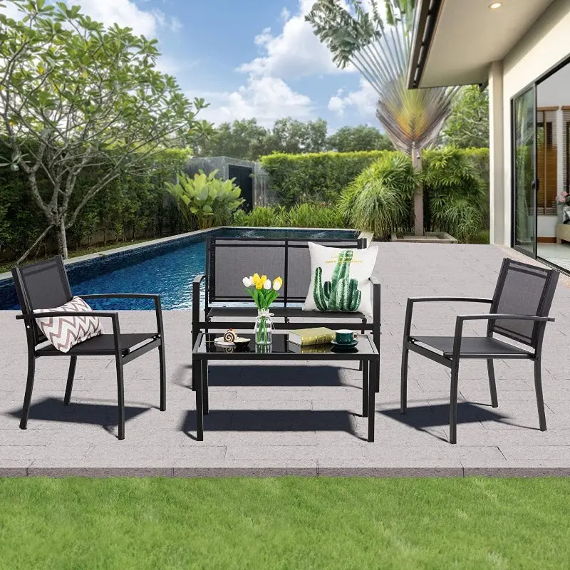 Walsunny Patio Furniture Loveseat Set & Glass Table - Ergonomic Design, UV-Resistant, Waterproof Fabric, Steel Frame, Assembly Required